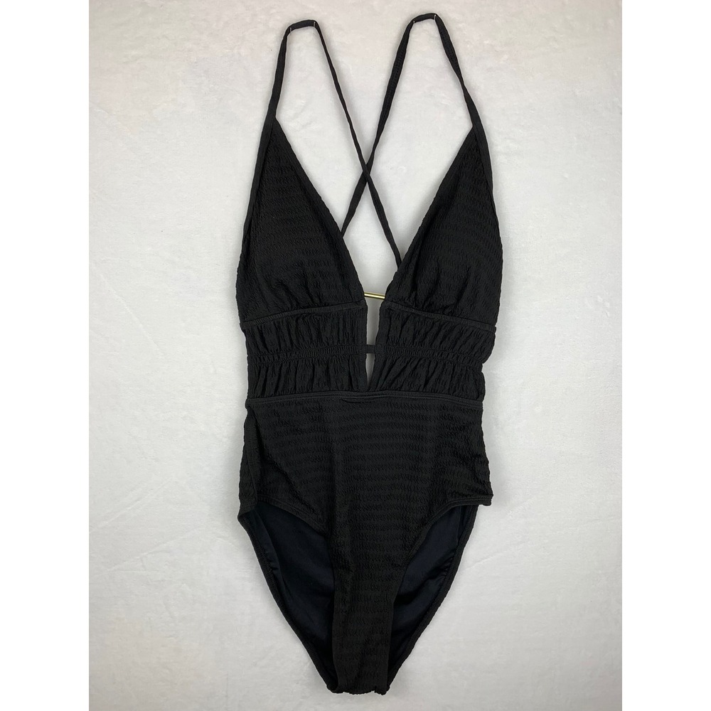 NWT Cupshe Black Textured One Piece Swimsuit w/ Plunging Neck Size Small